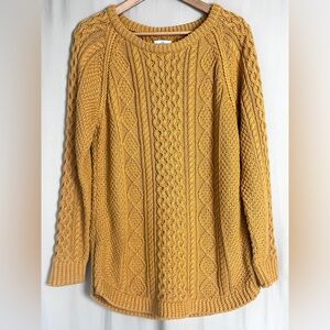 L.L.Bean Mustard Cable Knit Sweater Cotton Chunky Fisherman Pullover L Tall Fit